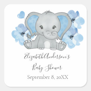 Blue Baby Boy Elephant Baby Shower Flowers Balloon Square Sticker