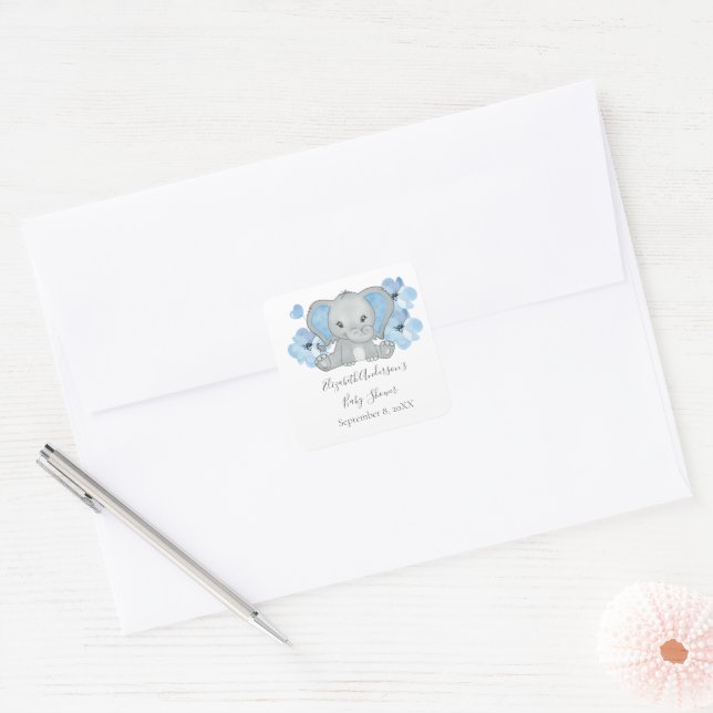 Blue Baby Boy Elephant Baby Shower Flowers Balloon Square Sticker (Envelope)
