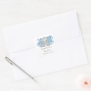 Blue Baby Boy Elephant Baby Shower Flowers Balloon Square Sticker