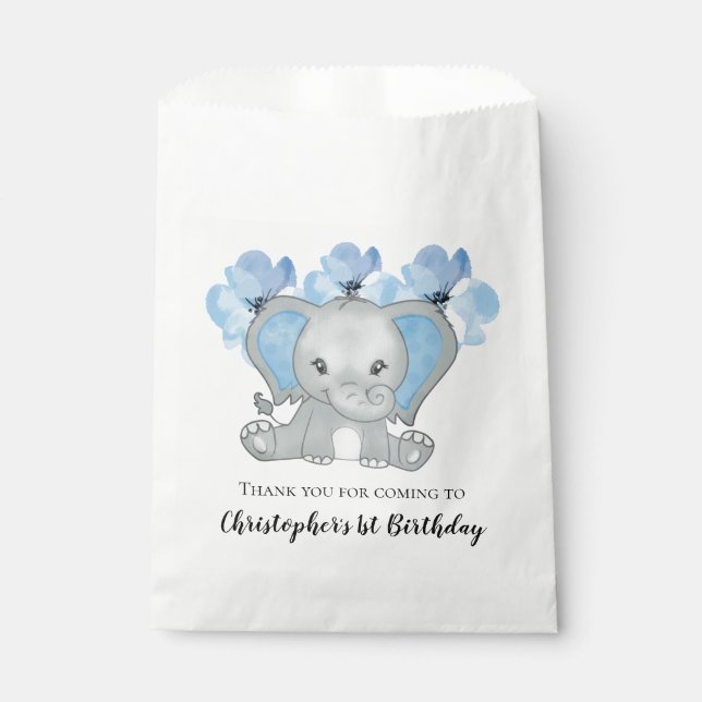 Blue Baby Boy Elephant Flowers 1st Birthday  Favour Bags (Front)