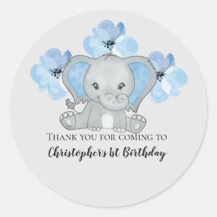 Blue Baby Boy Elephant Flowers Balloons Birthday  Classic Round Sticker