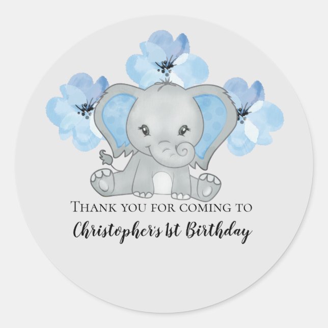 Blue Baby Boy Elephant Flowers Balloons Birthday  Classic Round Sticker (Front)
