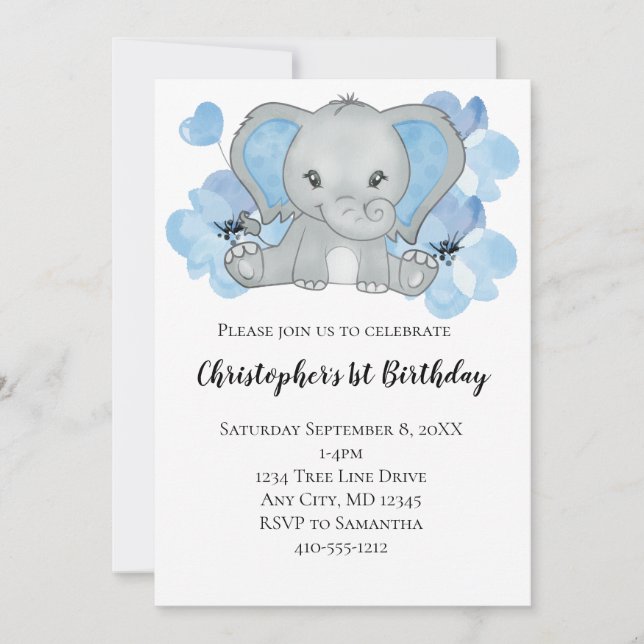 Blue Baby Boy Elephant Flowers Balloons Birthday I Invitation (Front)