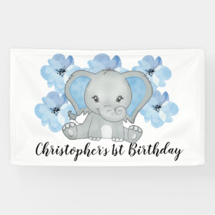 Blue Baby Boy Elephant Flowers Birthday  Banner