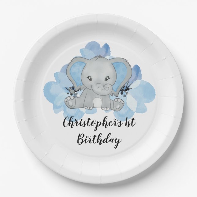 Blue Baby Boy Elephant Flowers Birthday  Paper Plate (Front)