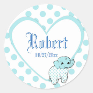 Blue Baby Boy Elephant Heart and Polka Dots Classic Round Sticker
