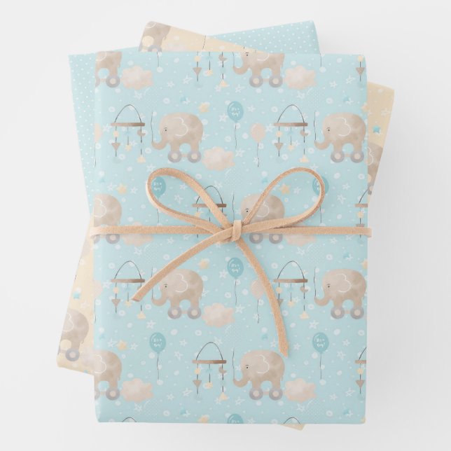 Blue Baby Boy Elephant  Wrapping Paper Sheet (In situ)