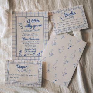 Blue Baby Boy Hand Drawn Silly Goose Baby Shower  Invitation
