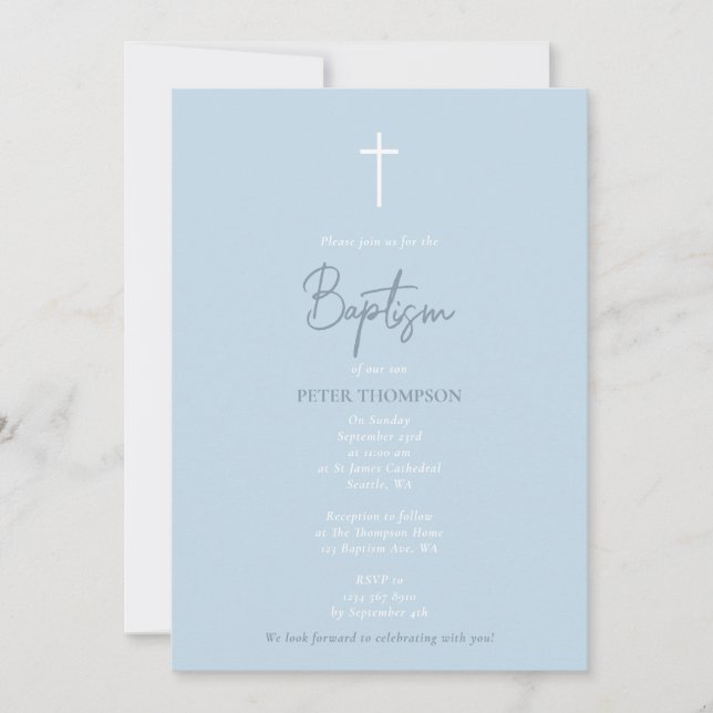 Blue Baby Boy Hand Written Script Baptism  Invitation (Front)