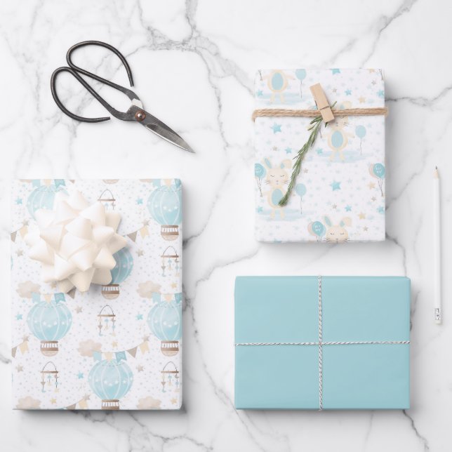 Blue Baby Boy Hot Air Balloons and Rabbit Wrapping Paper Sheet (Front)