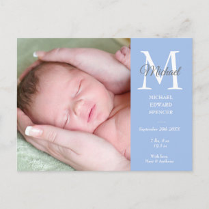 Blue Baby Boy Initial Monogram Photo Thank You Postcard