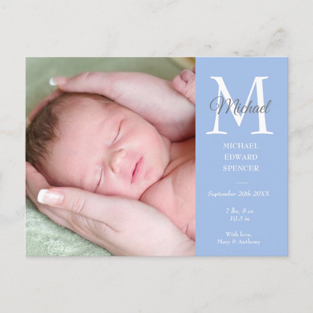 Blue Baby Boy Initial Monogram Photo Thank You Postcard (Front)