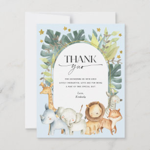 Blue baby boy jungle safari themed baby shower thank you card
