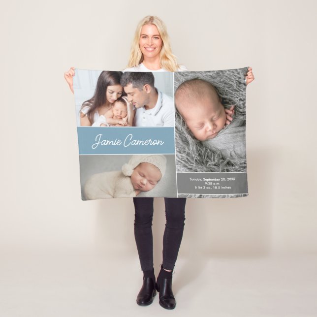 Blue Baby Boy Name Birth date stat custom photos Fleece Blanket (In Situ)