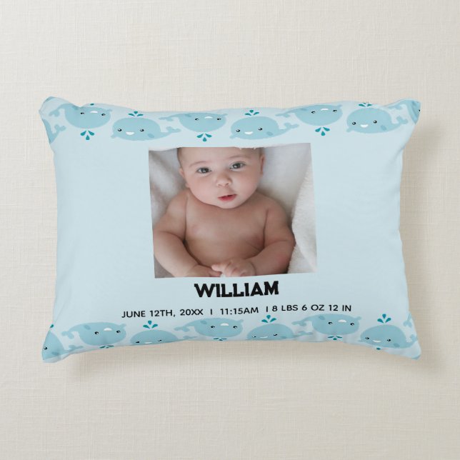 Blue Baby Boy Name Birth Date Stats | Photo Baby Decorative Cushion (Front)