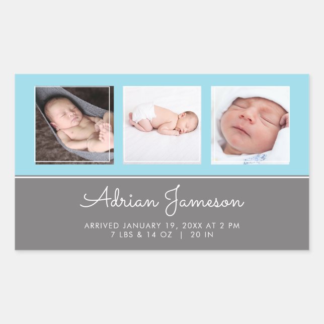 Blue Baby Boy Newborn Photo Collage Announcement Rectangular Sticker (Front)