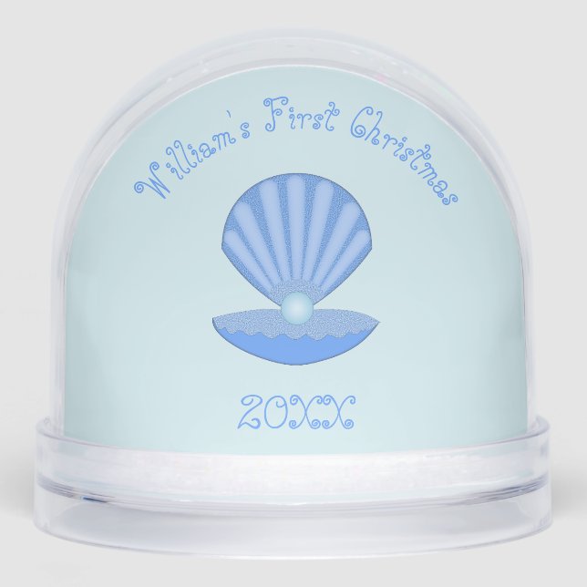 Blue Baby Boy Oyster shell and Pearl Baby Name Snowglobe (Front)