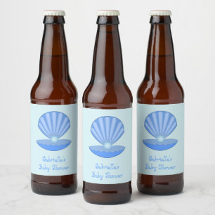 Blue Baby Boy Oyster shell and Pearl Baby Shower Beer Bottle Label