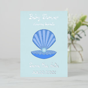 Blue Baby Boy Oyster shell and Pearl Baby Shower Foil Holiday Card