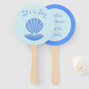 Blue Baby Boy Oyster shell and Pearl Baby Shower Hand Fan