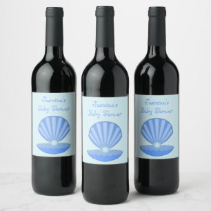 Blue Baby Boy Oyster shell and Pearl Baby Shower Wine Label