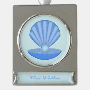 Blue Baby Boy Oyster shell and Pearl Custom Silver Plated Banner Ornament