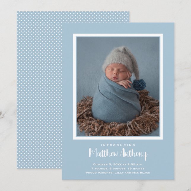Blue Baby Boy Photo Birth Announcement (Front/Back)
