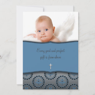 Blue Baby Boy Photo Christening Invitation