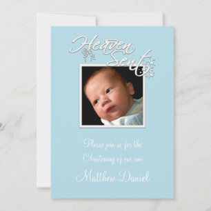 Blue Baby Boy Photo Christening Invitation