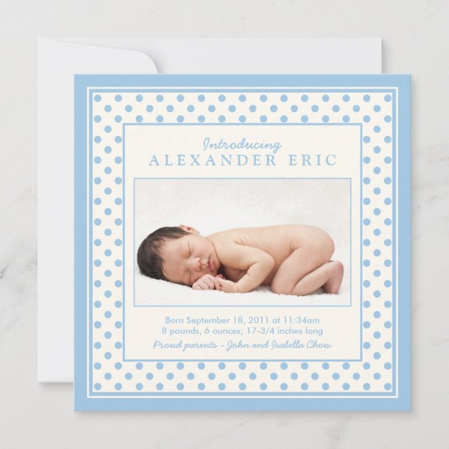 Blue Baby Boy Polka Dot Photo Birth Announcement (Front)