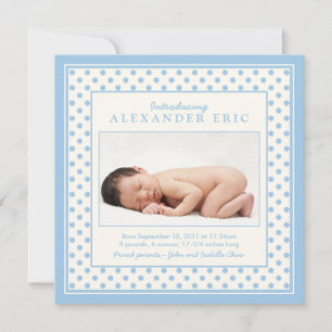 Blue Baby Boy Polka Dot Photo Birth Announcement