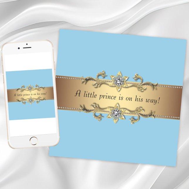 Blue Baby Boy Prince Shower Invitation (Baby blue gold baby shower invitation. Add your text to the front and back. Download and printed.)