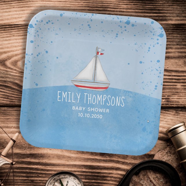Blue Baby Boy Shower Watercolor Sailboat Paper Plate (Creator Uploaded)
