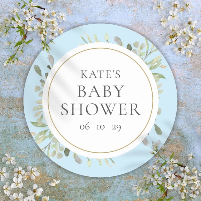 Blue Baby Boy Shower Watercolour Greenery Leaves Classic Round Sticker (Blue Baby Boy Shower Watercolour Greenery Leaves Classic Round Sticker)