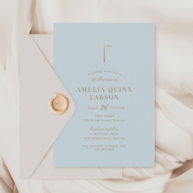 Blue Baby Boy Simple Elegant Gold Cross Baptism Invitation (Creator Uploaded)