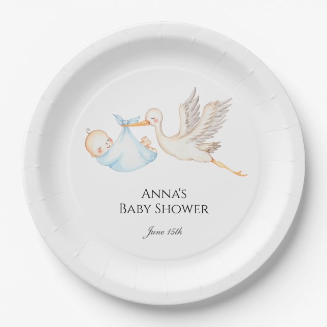 Blue Baby Boy Stork Baby Shower  Paper Plate (Front)
