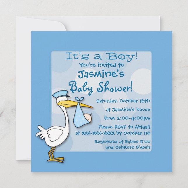 Blue baby boy stork polka dot shower invitations (Front)