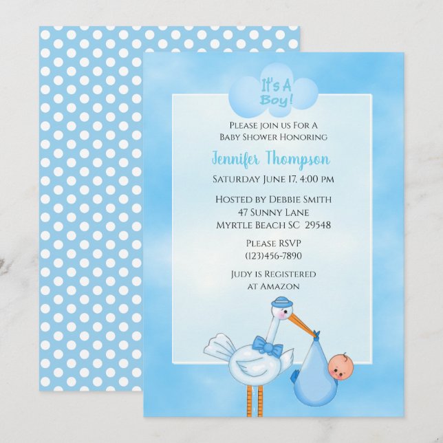 Blue Baby Boy Stork Shower Invitations (Front/Back)