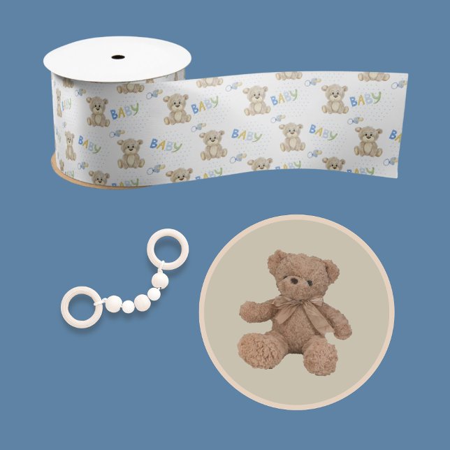 Blue Baby Boy Teddy Bear Watercolor Baby Satin Ribbon (Creator Uploaded)