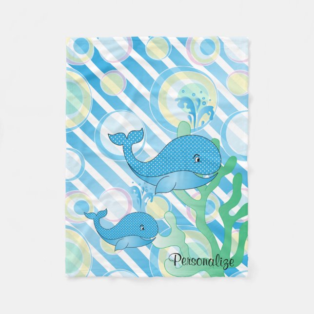 Blue Baby Boy Whale Fleece Blanket (Front)