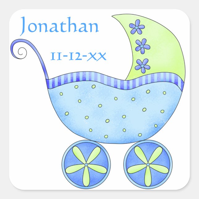 Blue Baby Buggy Boy Name Birth Date Announcement Square Sticker (Front)