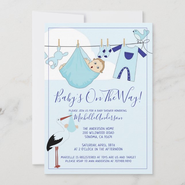 Blue Baby Bundle On Clothesline Baby Shower Invitation (Front)