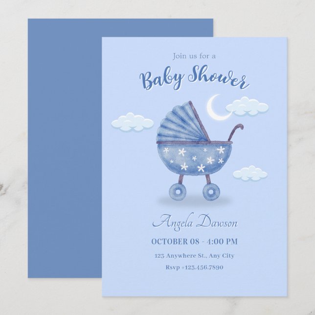 Blue baby carriage baby shower invitation (Front/Back)