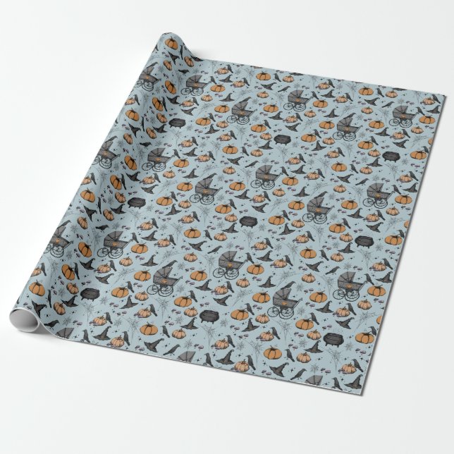 Blue Baby Carriage Halloween Wrapping Paper (Unrolled)