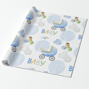 Blue Baby Carriage Watercolor Baby Shower Wrapping Paper