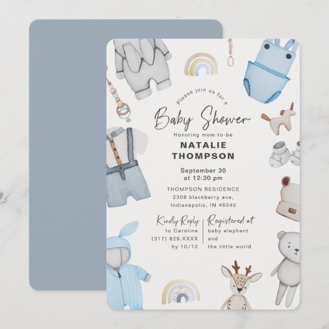 Blue Baby Clothes & Toys Boy Baby Shower Invitation (Front/Back)