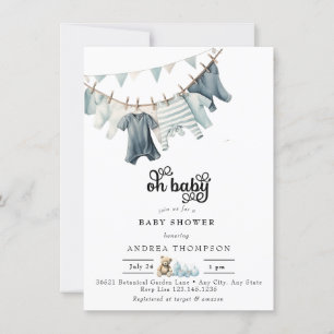 Blue Baby Clothes   Watercolor Baby Boy Shower Invitation