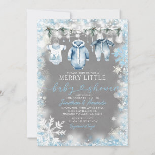 Blue Baby Clothes White Snowflakes Baby Shower Invitation