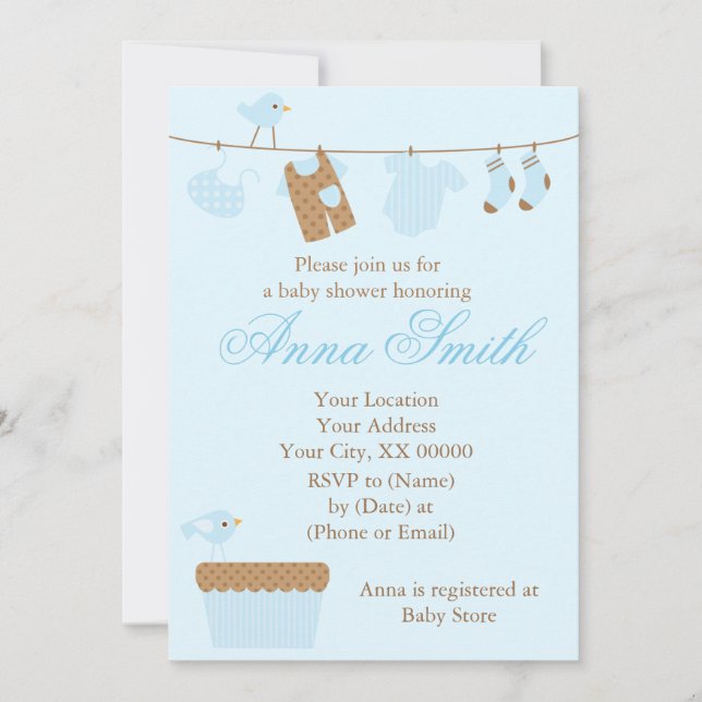 Blue Baby Clothesline Baby Shower Invitation (Front)