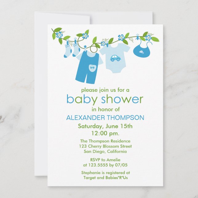 Blue Baby Clothesline Baby Shower Invitations (Front)